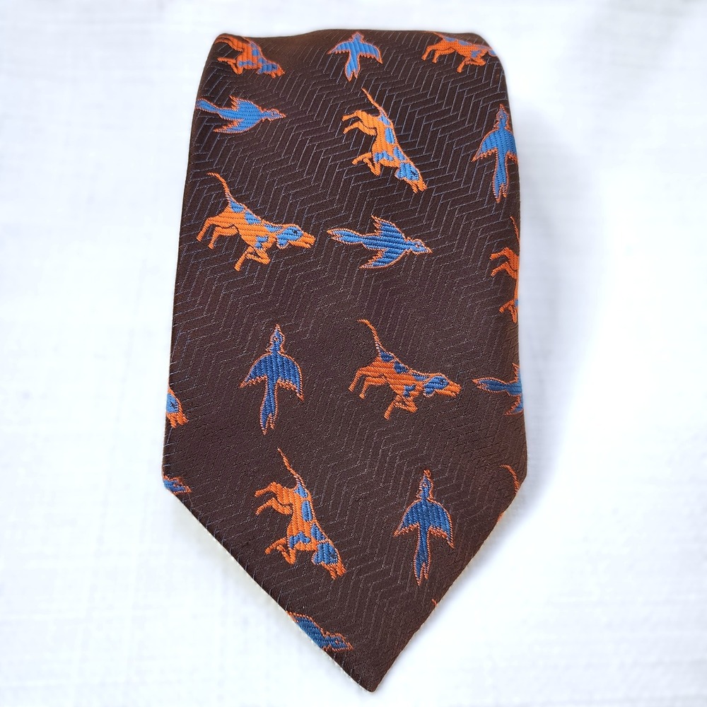 Vtg 70's Bird Hunting Dogs Resilio Necktie Tie Brown Embroidered Disco Ugly 56"